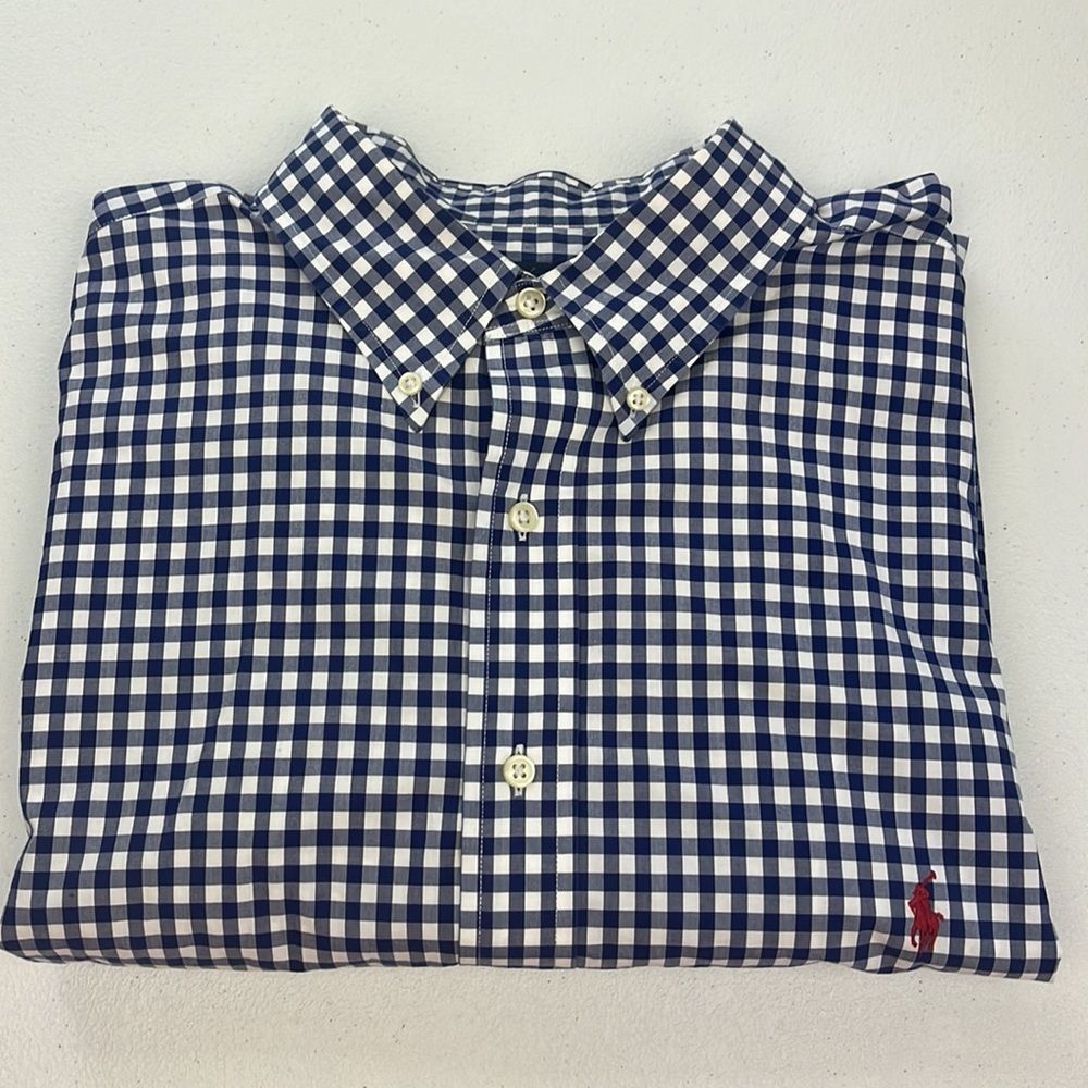 Ralph Lauren Men's Classic Blue Gingham Checkered Long Sleeve Button-down Shirt